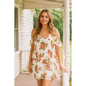 Show Me Your MuMu Dress S Cream Roses Cold Shoulder Cap Slve Romantic Festival